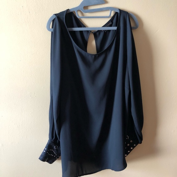 Long Sleeve Cold Shoulder Blouse with Dazzled Cuff - Picture 1 of 4